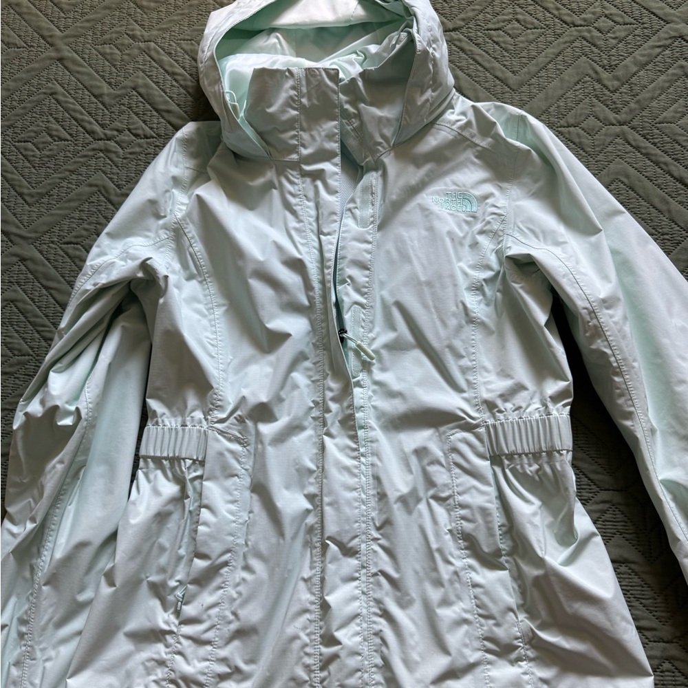 The North Face White and Light Blue Logo Jacket
